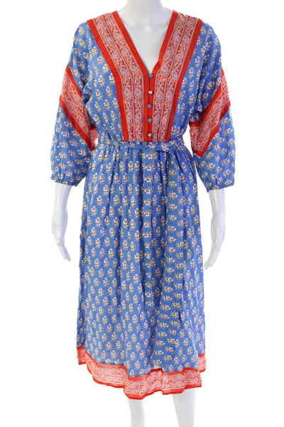 J Crew Womens Half Sleeve V Neck Floral Midi Dress Blue Red White Size 2XS