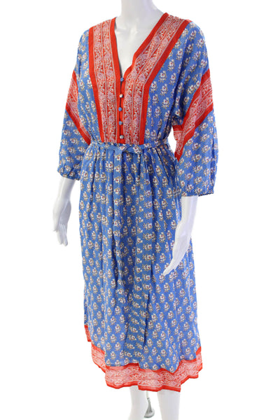 J Crew Womens Half Sleeve V Neck Floral Midi Dress Blue Red White Size 2XS