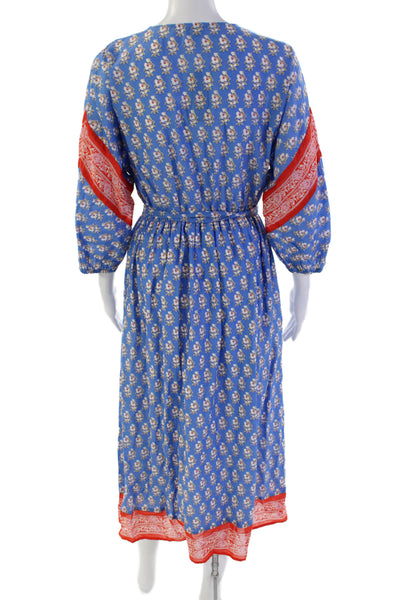 J Crew Womens Half Sleeve V Neck Floral Midi Dress Blue Red White Size 2XS
