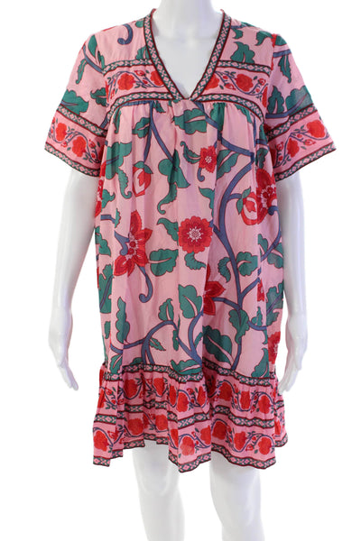 J Crew Womens Shrot Sleeve V Neck Floral Mini Dress Pink Cotton Size XS