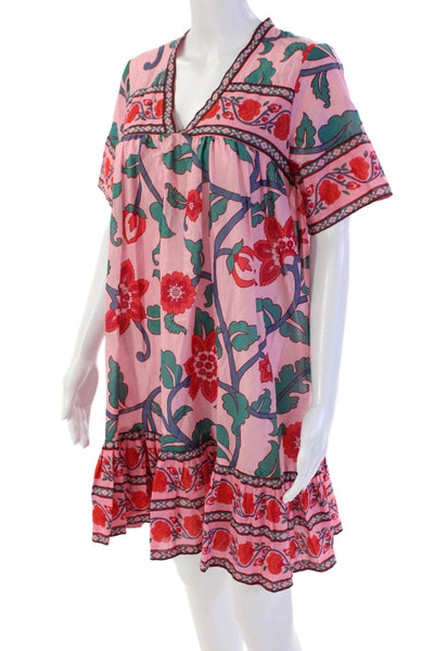 J Crew Womens Shrot Sleeve V Neck Floral Mini Dress Pink Cotton Size XS