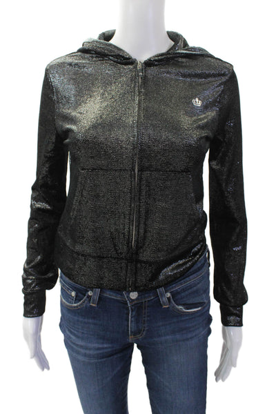 Juicy Couture Womens Full Zip Metallic Velvet Hooded Jacket Black Size XS