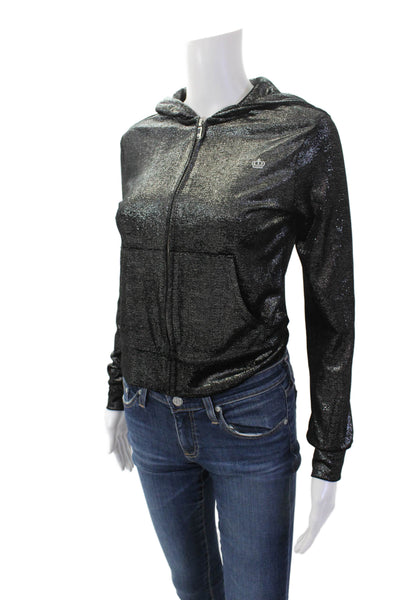 Juicy Couture Womens Full Zip Metallic Velvet Hooded Jacket Black Size XS