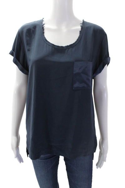 Rag & Bone Womens Satin Short Cuffed Sleeve Raw Hem Blouse Blue Size M