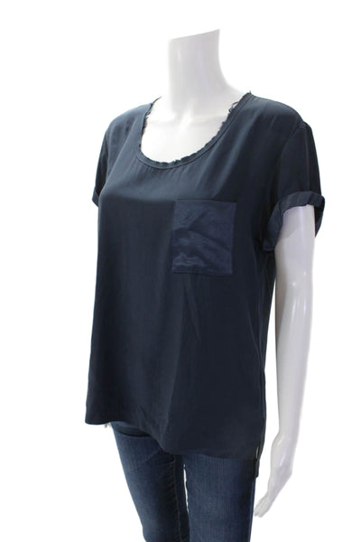 Rag & Bone Womens Satin Short Cuffed Sleeve Raw Hem Blouse Blue Size M