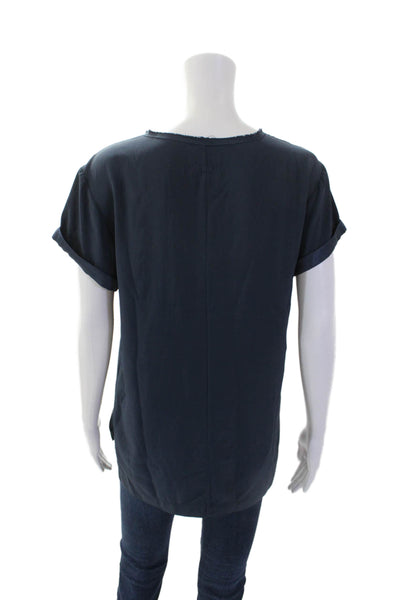 Rag & Bone Womens Satin Short Cuffed Sleeve Raw Hem Blouse Blue Size M