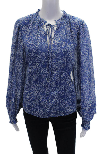 Pinch Womens Pullover Long Sleeve Keyhole Floral Blouse Top White Blue Large