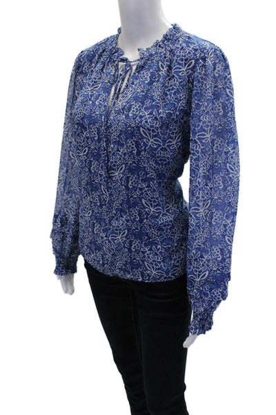 Pinch Womens Pullover Long Sleeve Keyhole Floral Blouse Top White Blue Large
