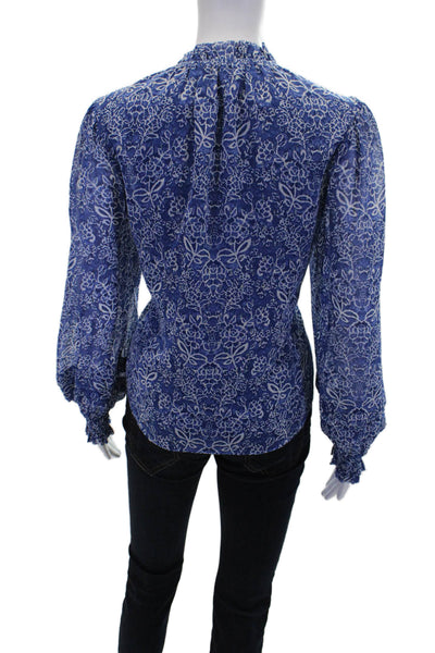 Pinch Womens Pullover Long Sleeve Keyhole Floral Blouse Top White Blue Large