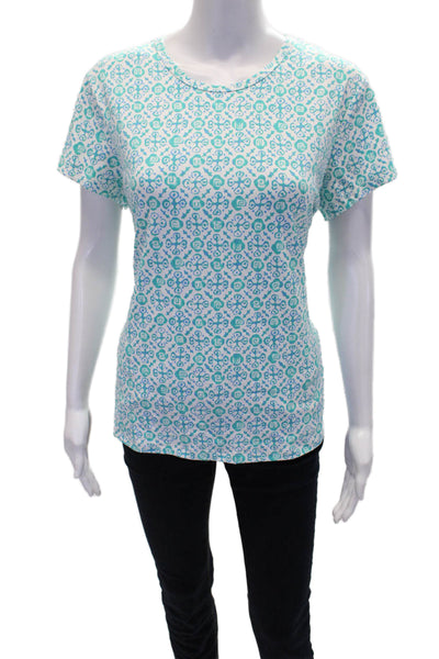 J. Mclaughlin Womens Short Sleeve Crew Neck Abstract Shirt White Teal Size XL