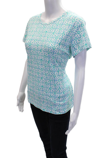 J. Mclaughlin Womens Short Sleeve Crew Neck Abstract Shirt White Teal Size XL