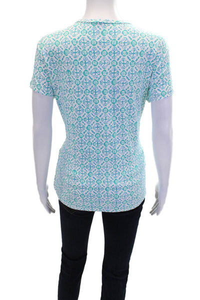 J. Mclaughlin Womens Short Sleeve Crew Neck Abstract Shirt White Teal Size XL
