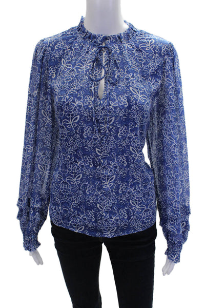 Pinch Womens Long Sleeve Keyhole Floral Blouse Top White Blue Size Large