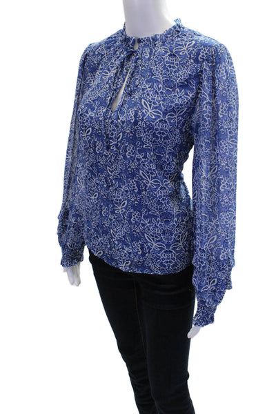 Pinch Womens Long Sleeve Keyhole Floral Blouse Top White Blue Size Large