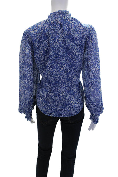 Pinch Womens Long Sleeve Keyhole Floral Blouse Top White Blue Size Large
