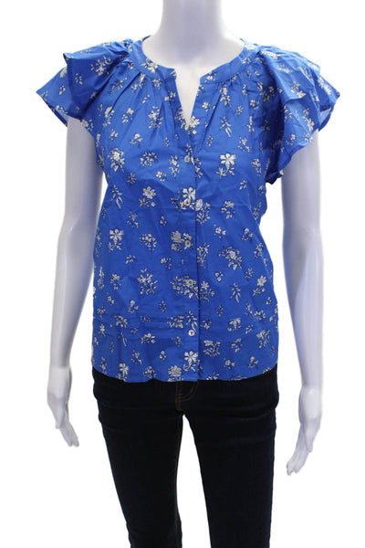 Pinch Womens Short Sleeve V Neck Boxy Floral Blouse Blue White Cotton Size XL
