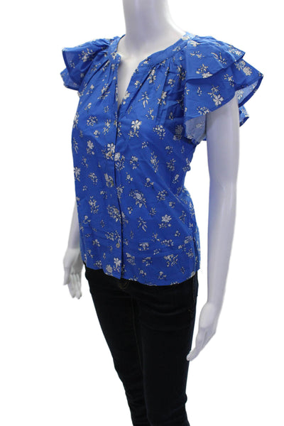 Pinch Womens Short Sleeve V Neck Boxy Floral Blouse Blue White Cotton Size XL