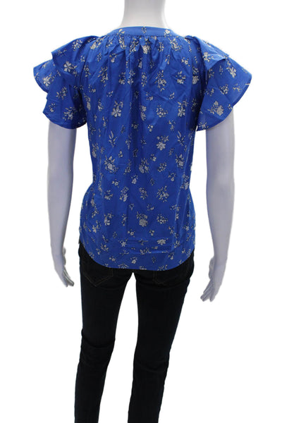 Pinch Womens Short Sleeve V Neck Boxy Floral Blouse Blue White Cotton Size XL