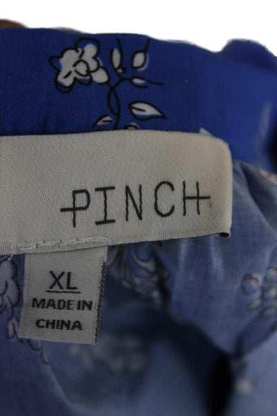 Pinch Womens Short Sleeve V Neck Boxy Floral Blouse Blue White Cotton Size XL