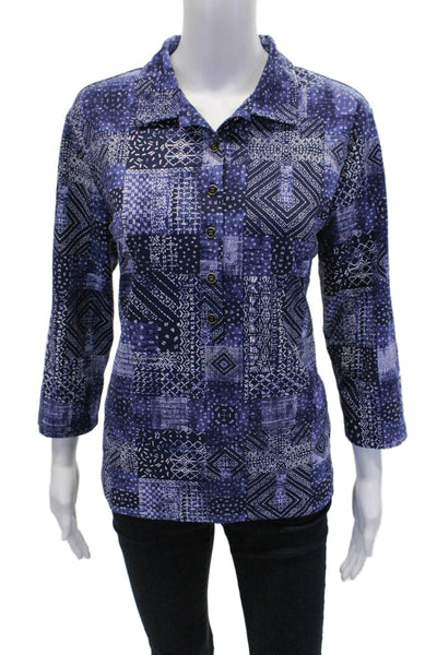 J. Mclaughlin Womens 3/4 Sleeve Collared Half Button Abstract Top Blue Size XL