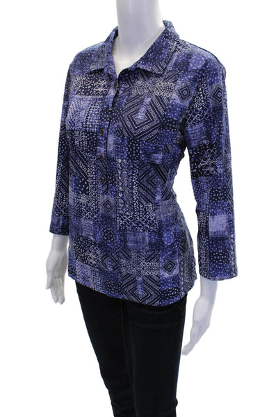 J. Mclaughlin Womens 3/4 Sleeve Collared Half Button Abstract Top Blue Size XL