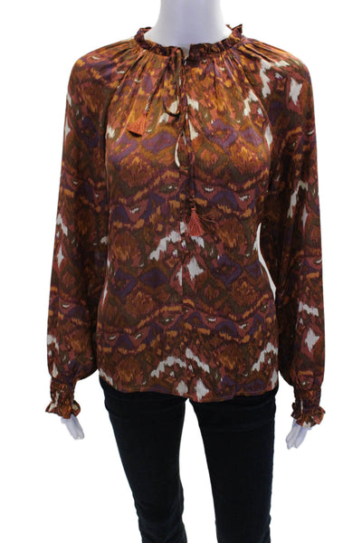 Pinch Womens Long Sleeve Ruffled V Neck Abstract Blouse Brown Multi Size Medium