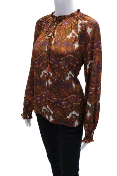 Pinch Womens Long Sleeve Ruffled V Neck Abstract Blouse Brown Multi Size Medium