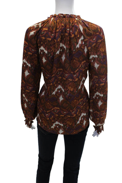 Pinch Womens Long Sleeve Ruffled V Neck Abstract Blouse Brown Multi Size Medium