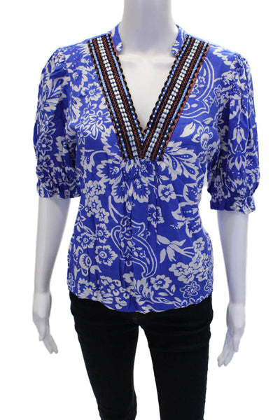 Pinch Womens Short Sleeve Embroidered V Neck Floral Top Blue White Size Small