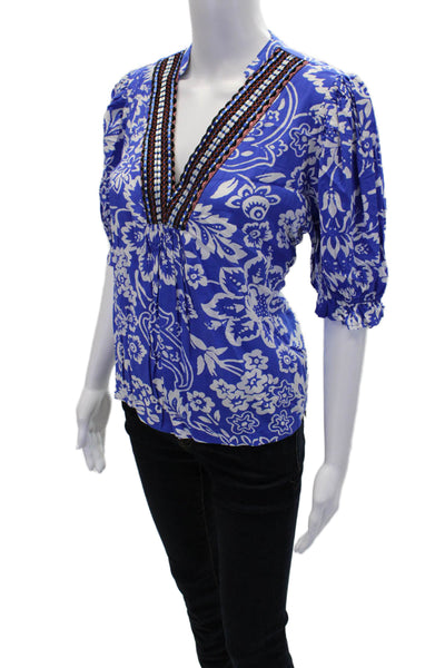 Pinch Womens Short Sleeve Embroidered V Neck Floral Top Blue White Size Small