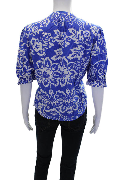Pinch Womens Short Sleeve Embroidered V Neck Floral Top Blue White Size Small