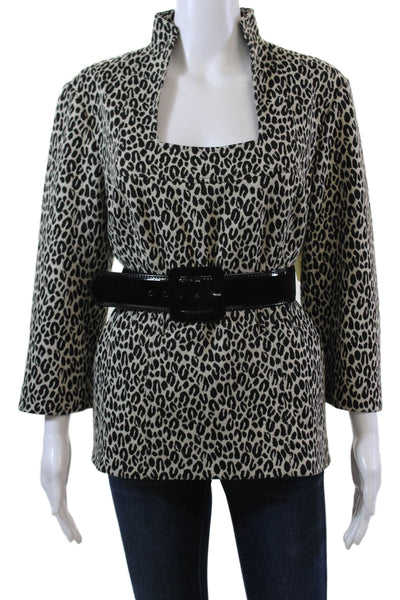 Donna Degnan Womens Animal Print Belted Long Sleeves Blouse White Black Size 16