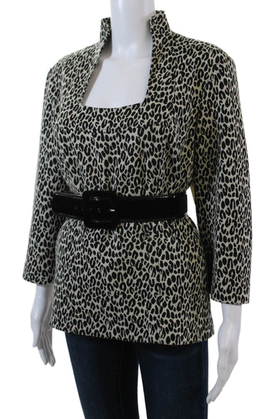 Donna Degnan Womens Animal Print Belted Long Sleeves Blouse White Black Size 16