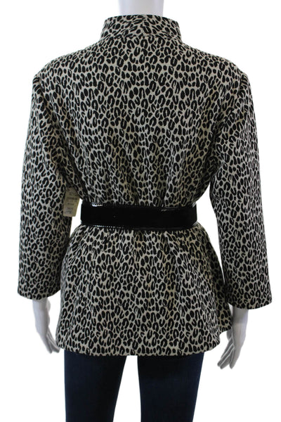 Donna Degnan Womens Animal Print Belted Long Sleeves Blouse White Black Size 16