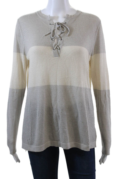 Neiman Marcus Womens Cashmere Color Block Lace Up Sweater Top Beige Size M