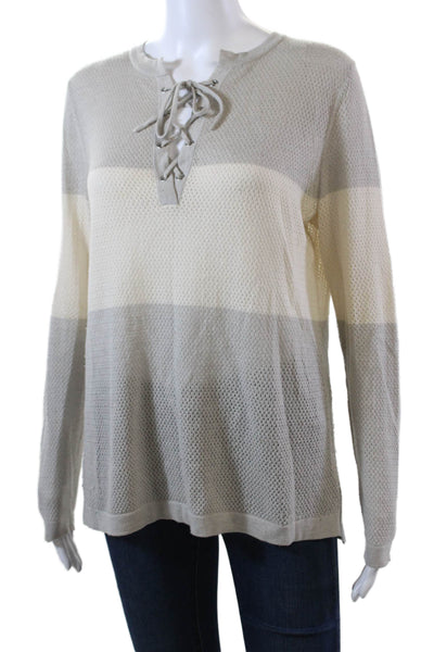 Neiman Marcus Womens Cashmere Color Block Lace Up Sweater Top Beige Size M