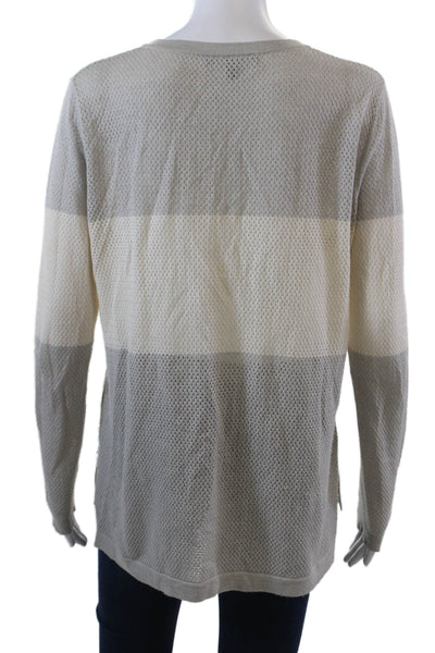 Neiman Marcus Womens Cashmere Color Block Lace Up Sweater Top Beige Size M