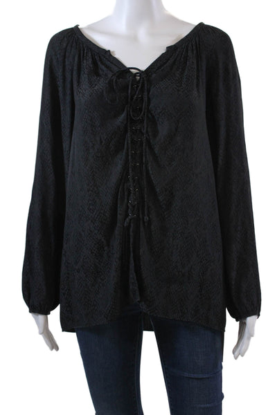 Ramy Brook Womens Snakeskin Print Lace Up Front Blouse Black Size Medium