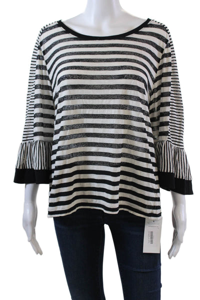 Kobi Halperin Womens Striped Long Sleeves Shirt White Black Cotton Size Large