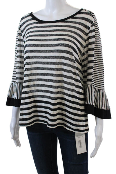 Kobi Halperin Womens Striped Long Sleeves Shirt White Black Cotton Size Large