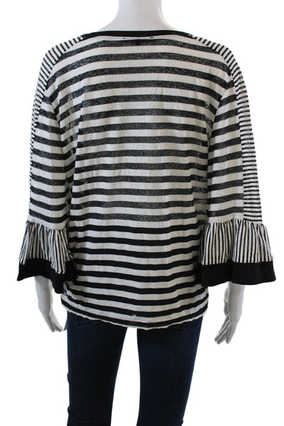 Kobi Halperin Womens Striped Long Sleeves Shirt White Black Cotton Size Large