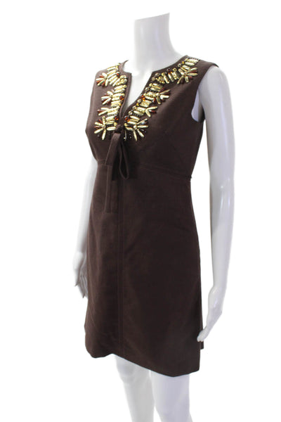 Milly Womens Back Zip Sleeveless V Neck Embellished Dress Brown Cotton Size 0