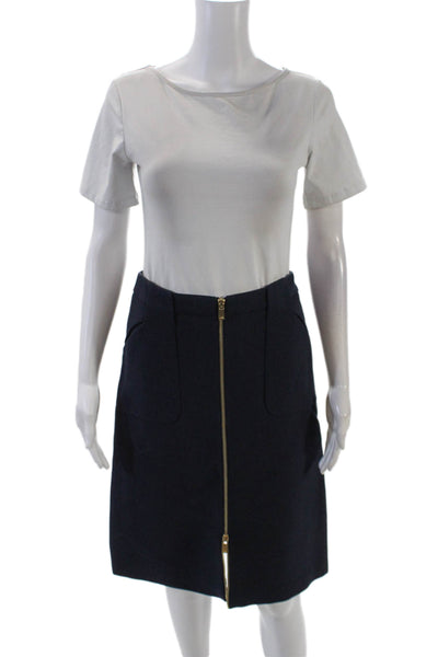 Michael Kors Womens Wool Gold Tone Zipper Detail A-Line Skirt Dark Blue Size 4
