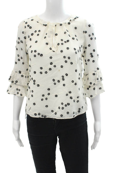 Rebecca Taylor Women's 3/4 Sleeves Ruffle Sheer Floral Blouse Cream Black Size 0