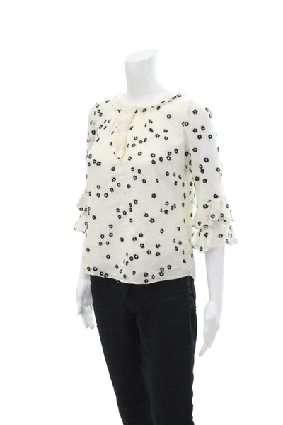 Rebecca Taylor Women's 3/4 Sleeves Ruffle Sheer Floral Blouse Cream Black Size 0