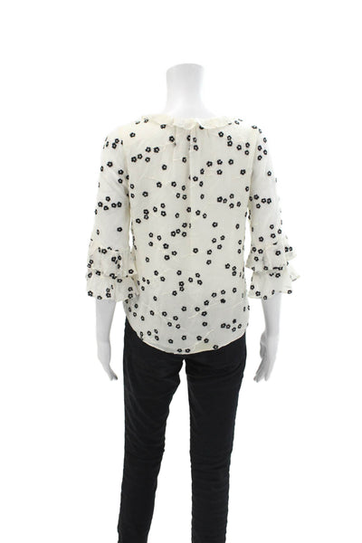 Rebecca Taylor Women's 3/4 Sleeves Ruffle Sheer Floral Blouse Cream Black Size 0