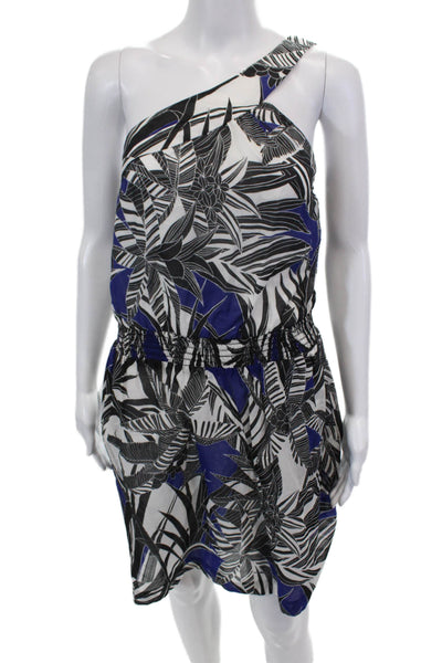 Trina Turk Womens One Shoulder Smocked Palm Tree Dress Blue White Black Size 6