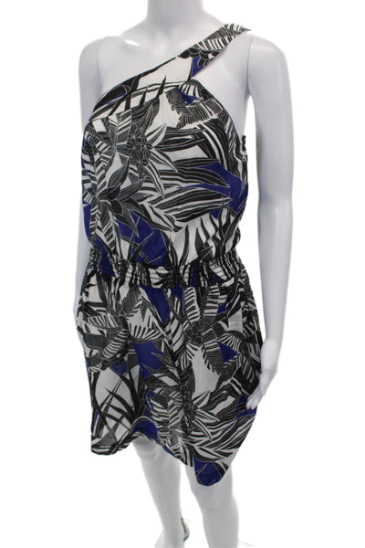 Trina Turk Womens One Shoulder Smocked Palm Tree Dress Blue White Black Size 6