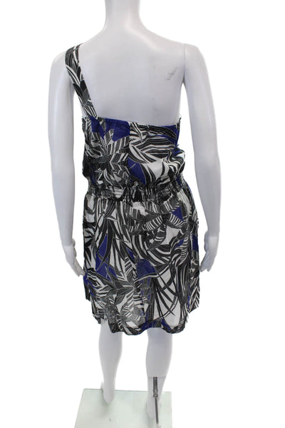 Trina Turk Womens One Shoulder Smocked Palm Tree Dress Blue White Black Size 6