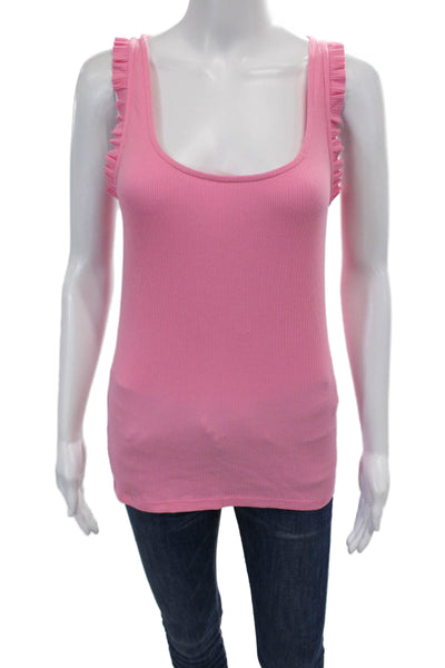 J Crew Womens Scoop Neck Ruffled Ribbed Knit Tank Top Pink Cotton Size Small